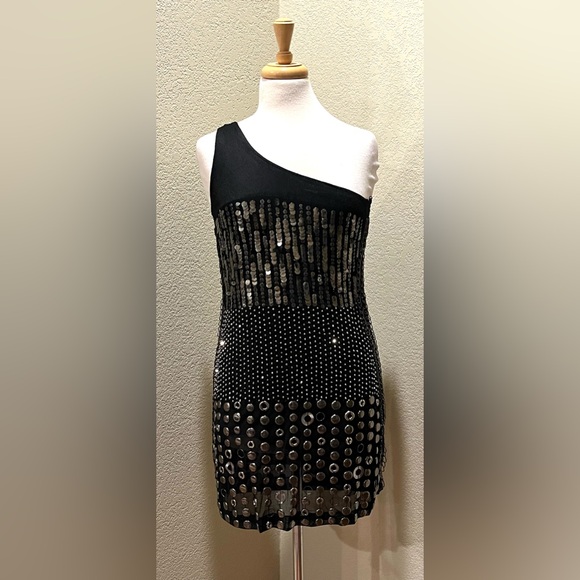 Alice + Olivia Studded Liquid Gunmetal One Shoulder Bodycon Mini Dress Black M - Picture 1 of 9